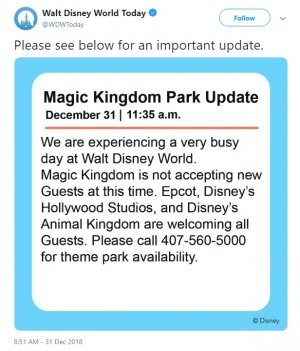 A photo a Twitter status message about the 2018 2019 New Year's Eve Magic kingdom Closure