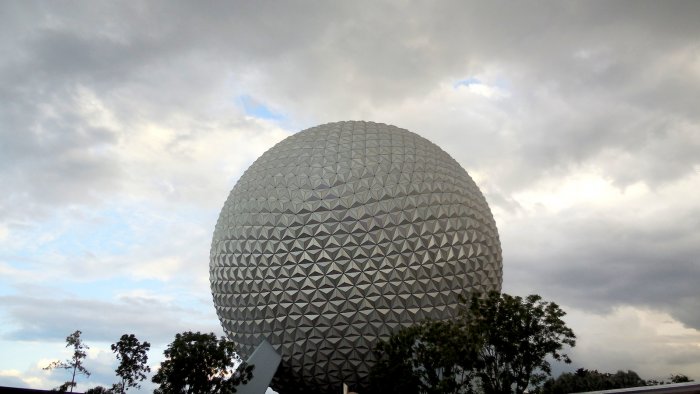 A photo of Epcot Spaceship Earth on a Cloudy Day