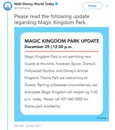 Walt Disney World Magic Kingdom Capacity Closure Christmas 2017 Tweet