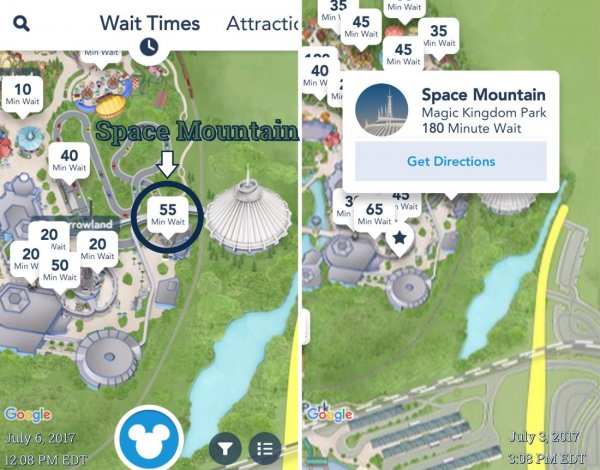 Photo of the Space Mountain Wait Time on the Android App