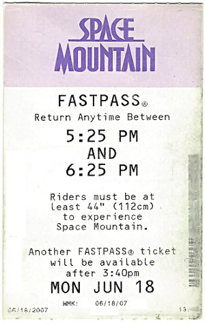 Photo of a Space Mountain FastPass Ticket Walt Disney World Resort