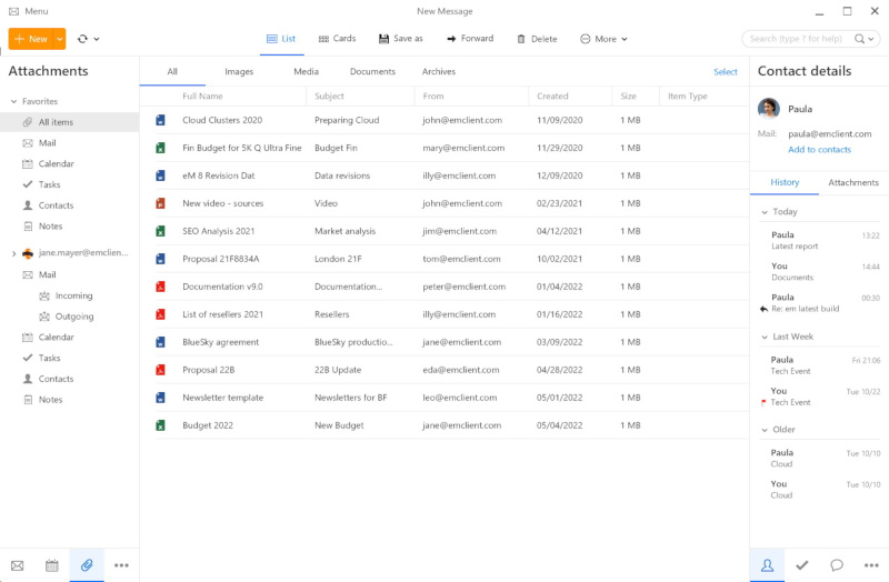 eM Client Attachments Window Screenshot