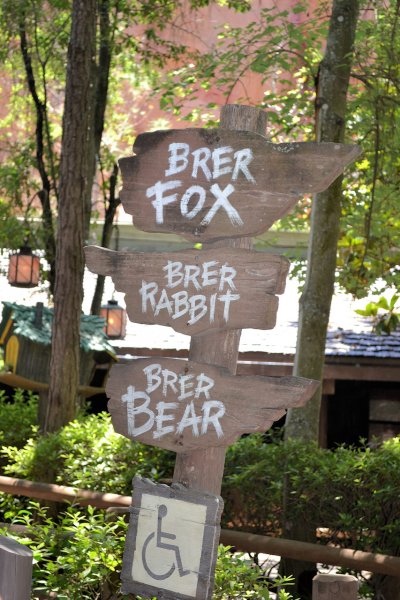 Multiple signs for Splash Mountain showing where Brer Fox, Rabbit and Bear are located