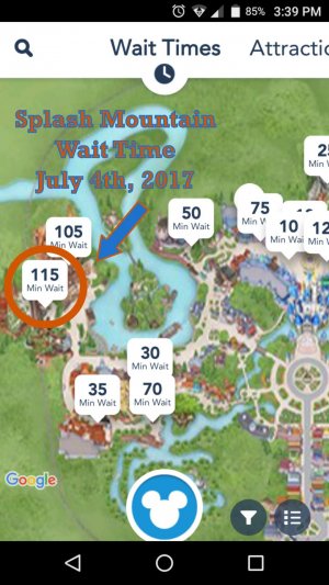 A photo of the Splash Mountain Wait Time on July 4th 2017 from the MyDisneyExperience App